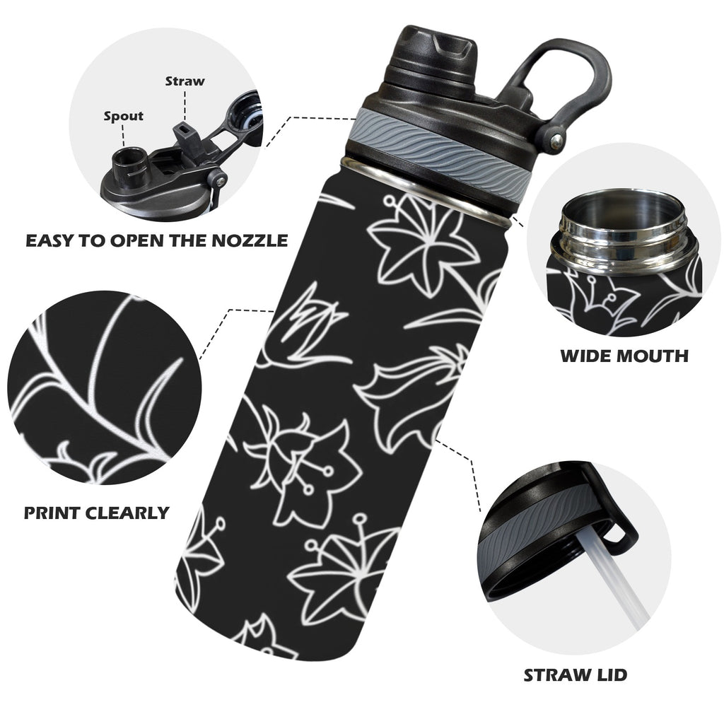 Black And White Floral - Insulated Water Bottle with Dual-Use Lid (18oz) Insulated Water Bottle with Dual-Use Lid (18oz) Plants Printed Offshore