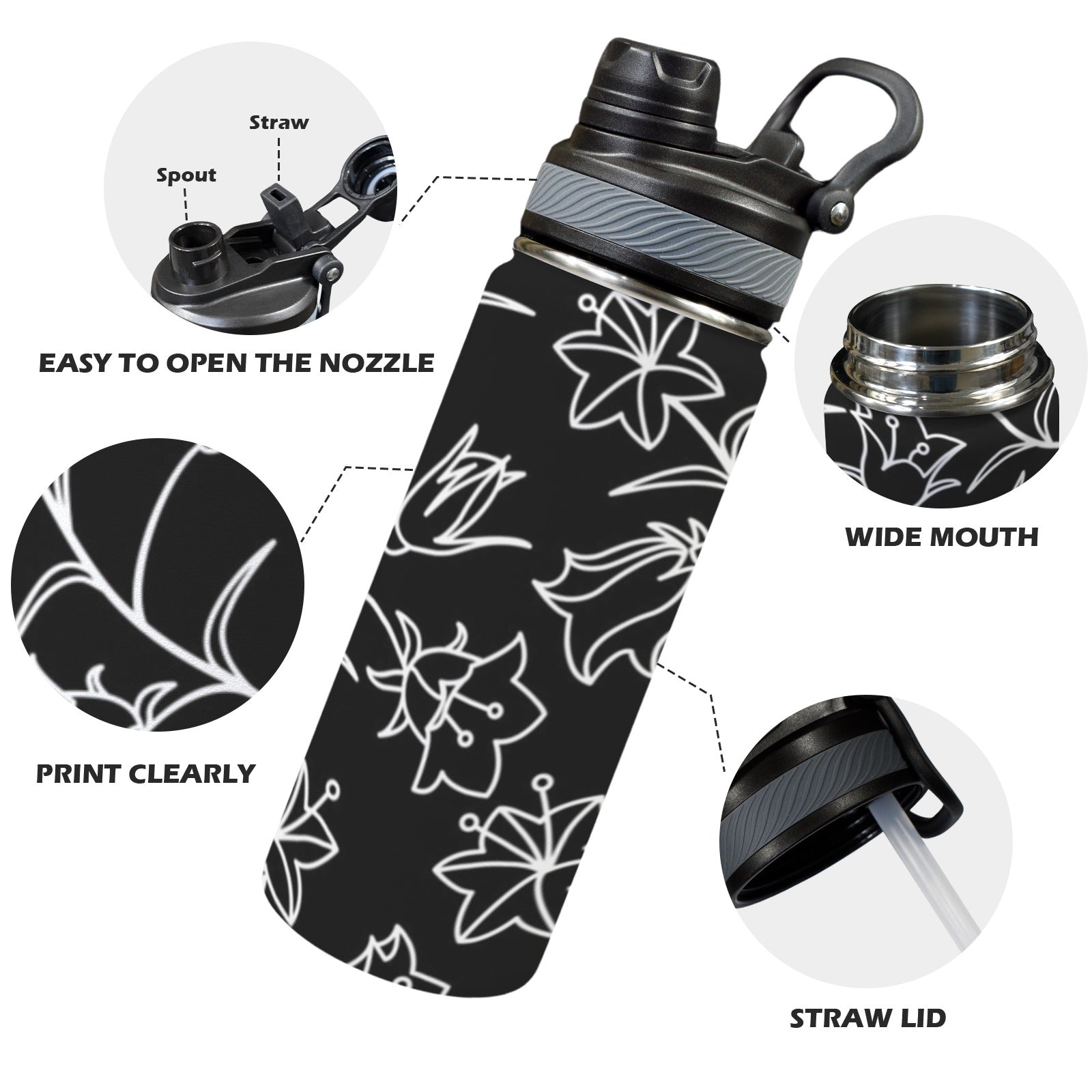 Black And White Floral - Insulated Water Bottle with Dual-Use Lid (18oz) Insulated Water Bottle with Dual-Use Lid (18oz) Plants Printed Offshore