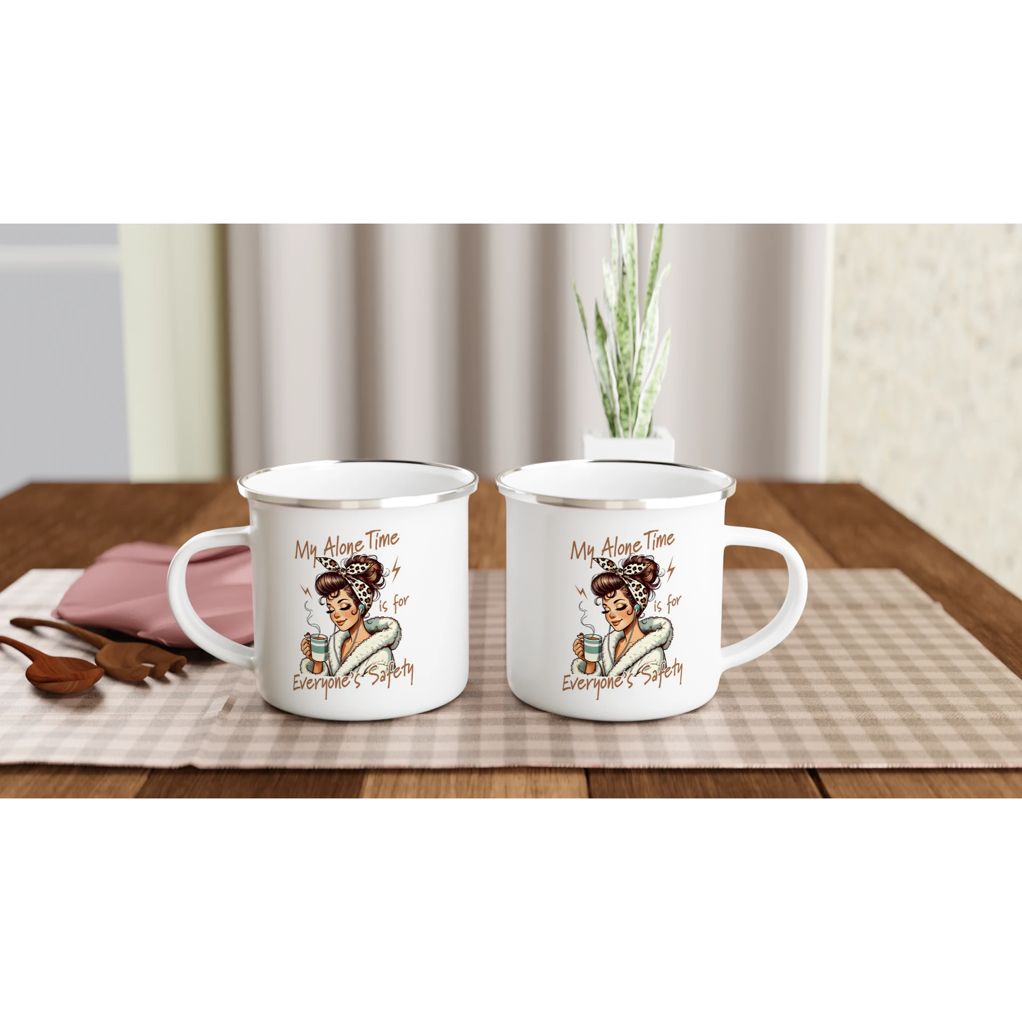 Personalised My Alone Time Is For Everyone's Safety White 12oz Enamel Mug Personalised Enamel Mug Globally Fulfilled