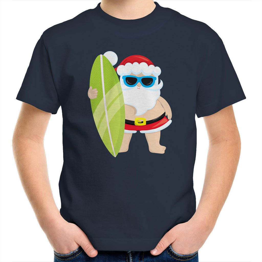Surf Summer Santa - Kids Youth T-Shirt Navy Kids Christmas T-shirt Christmas Printed In Australia