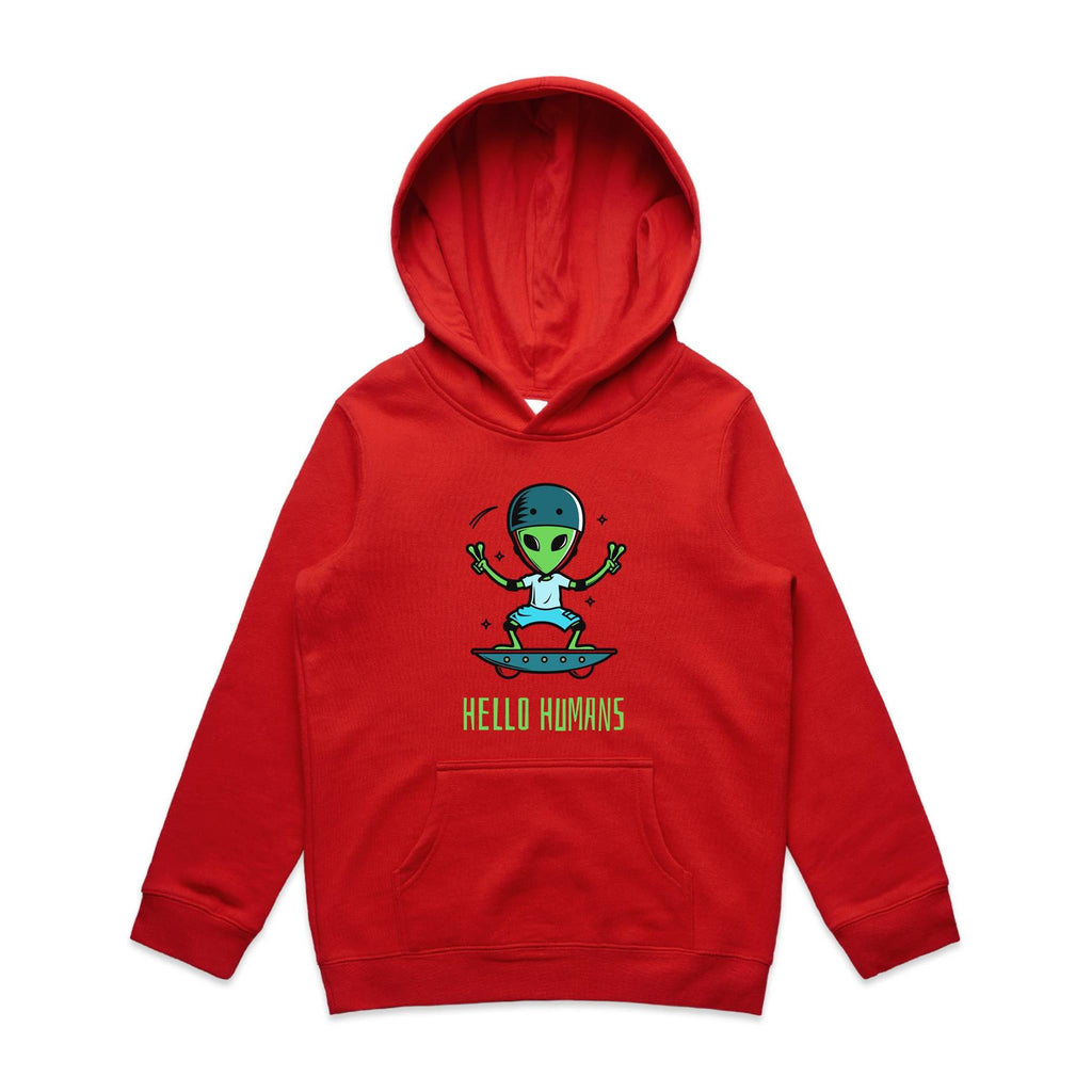 Alien Skate, Hello Humans - Kids Hoodie Red Kids Hoodie Printed In Australia