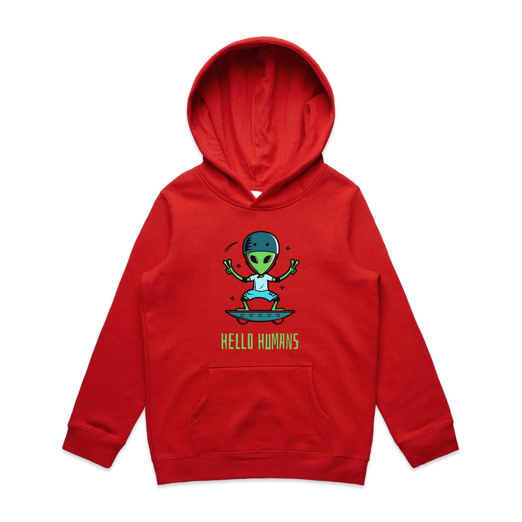 Alien Skate, Hello Humans - Kids Hoodie Red Kids Hoodie Printed In Australia