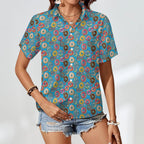 Doughnuts On Blue Women's Short-Sleeve Button Up Shirt Women's Short-Sleeve Button Up Shirt Food Printed Offshore