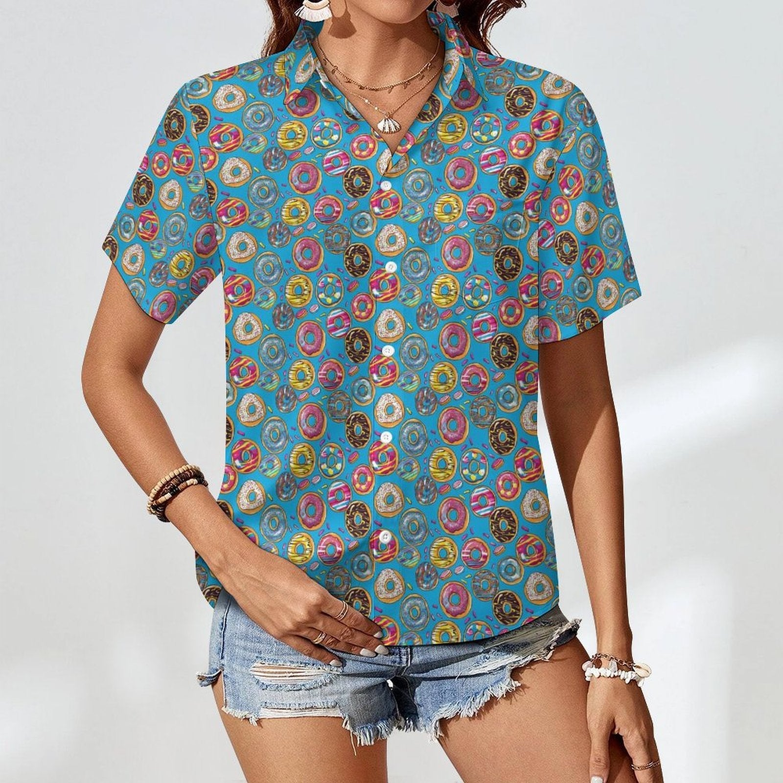 Doughnuts On Blue Women's Short-Sleeve Button Up Shirt Women's Short-Sleeve Button Up Shirt Food Printed Offshore