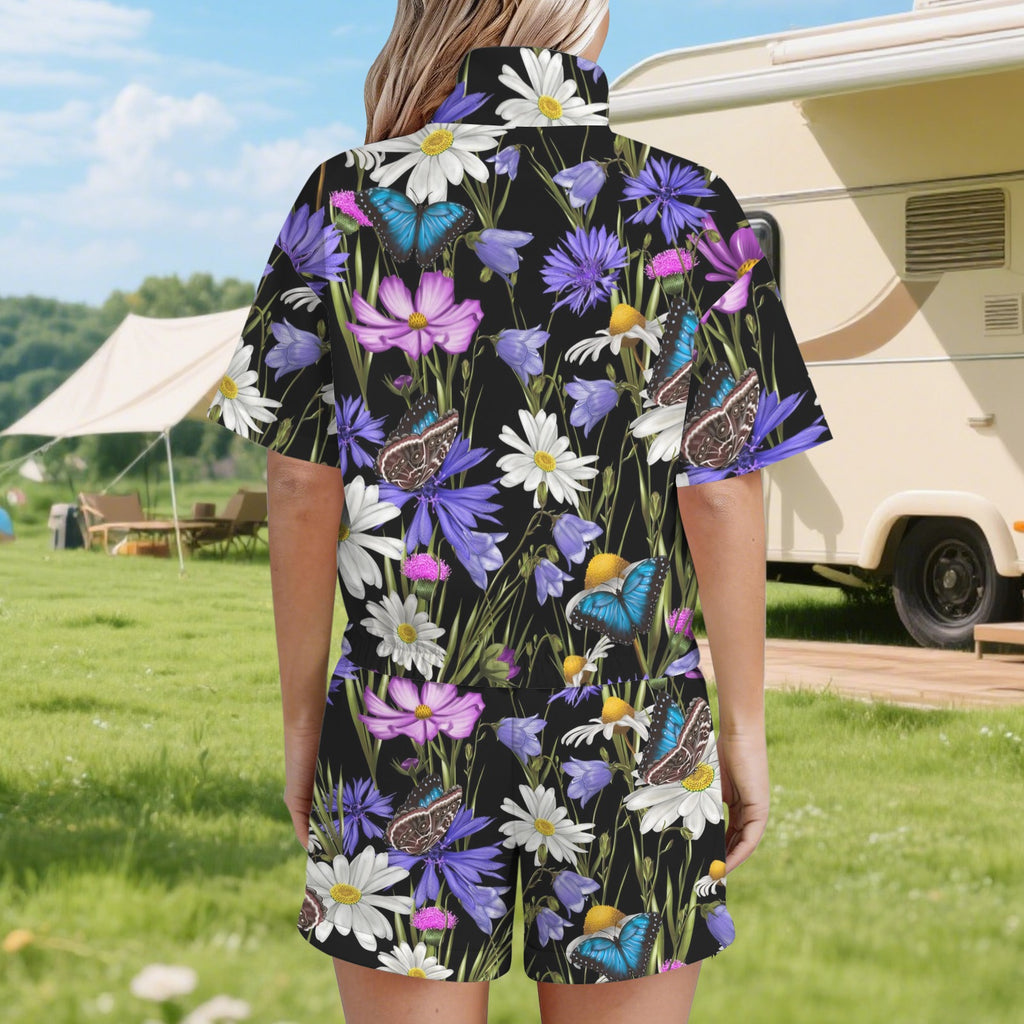 Butterfly Flowers Women's Windbreaker Short Set Women's Windbreaker Short Set Plants Printed Offshore