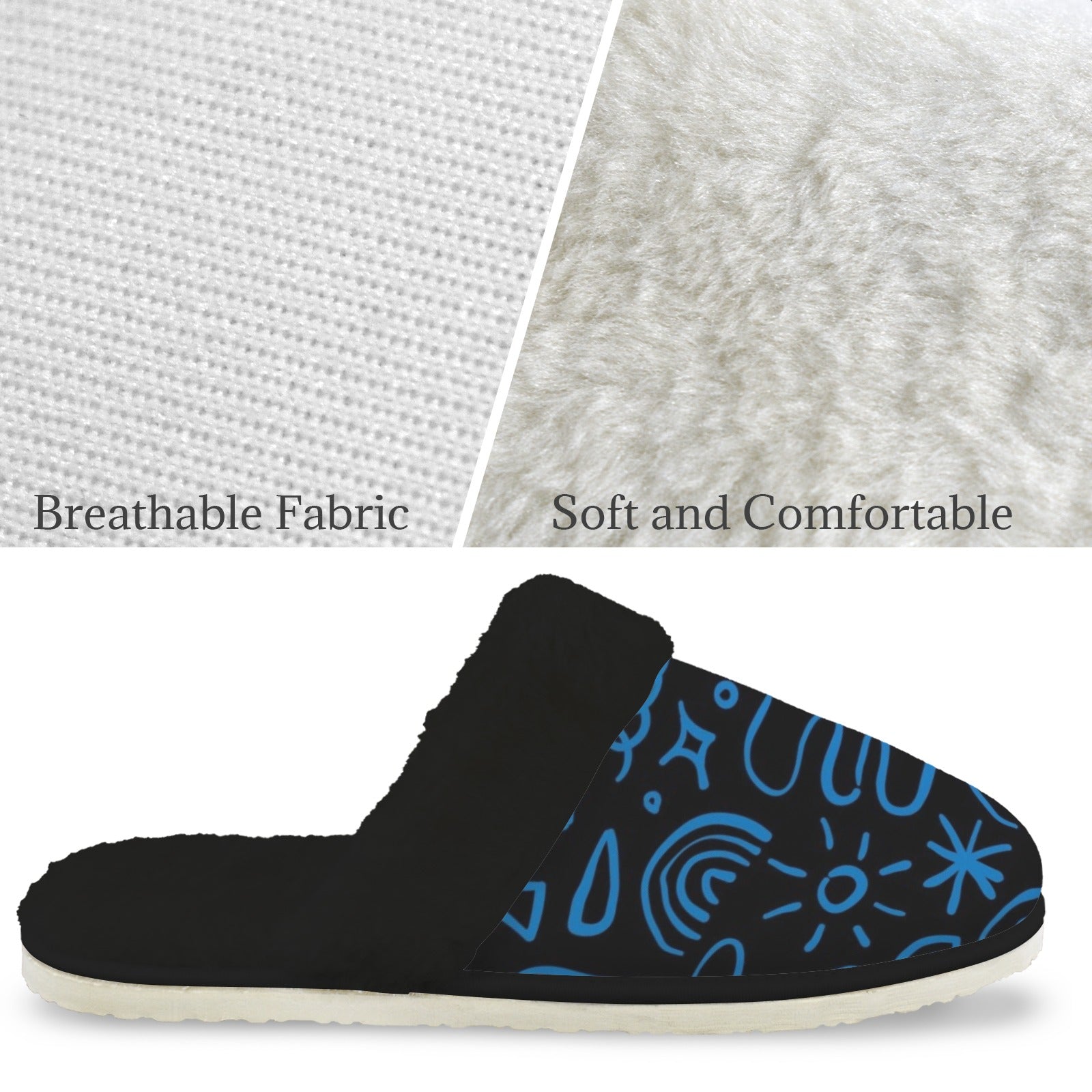 Blue Squiggle Men's Fur Trim Thick-Sole Indoor Slippers Men's Fur Trimmed Slippers Printed Offshore