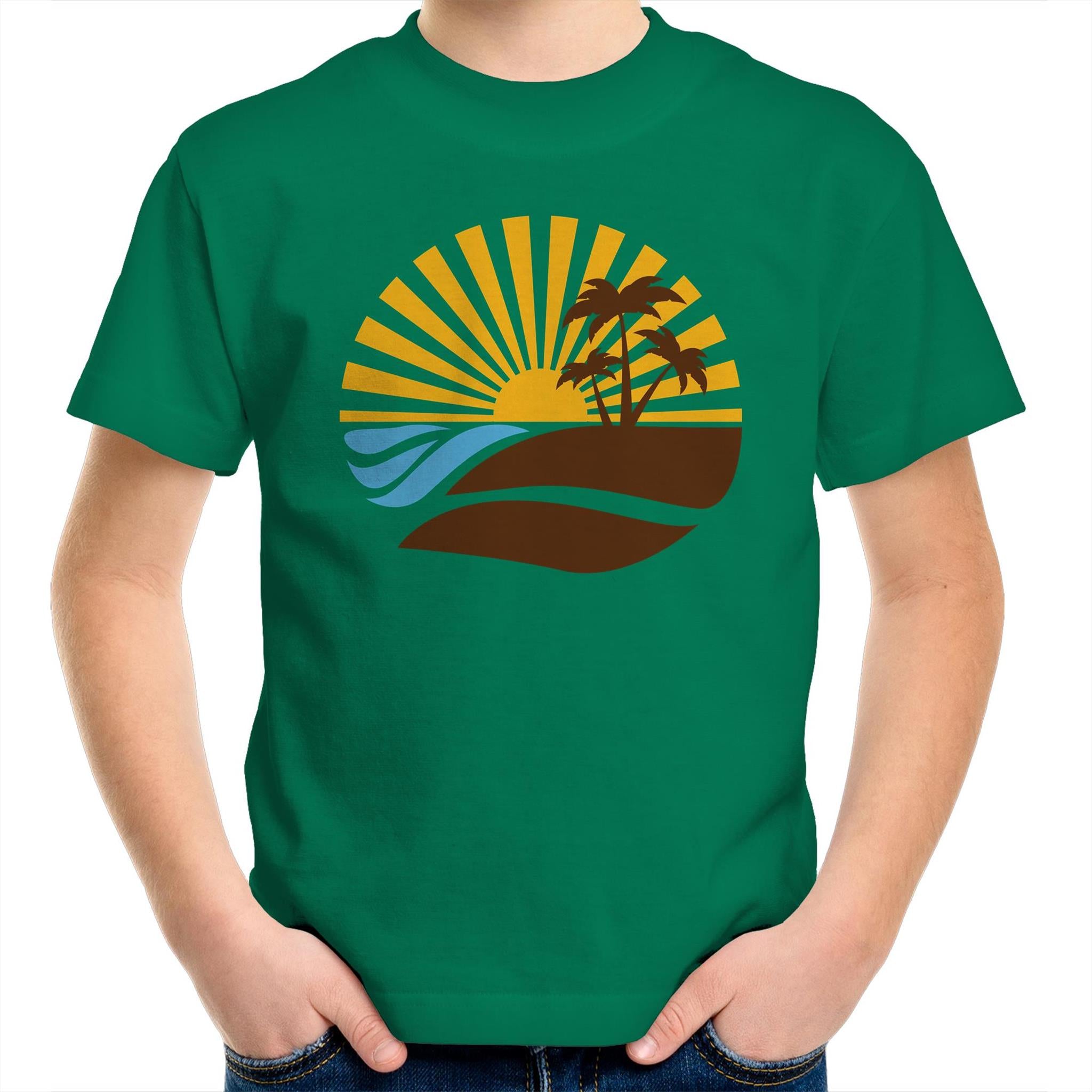 Retro Sunset - Kids Youth T-Shirt Kelly Green Kids Youth T-shirt Printed In Australia Retro Summer