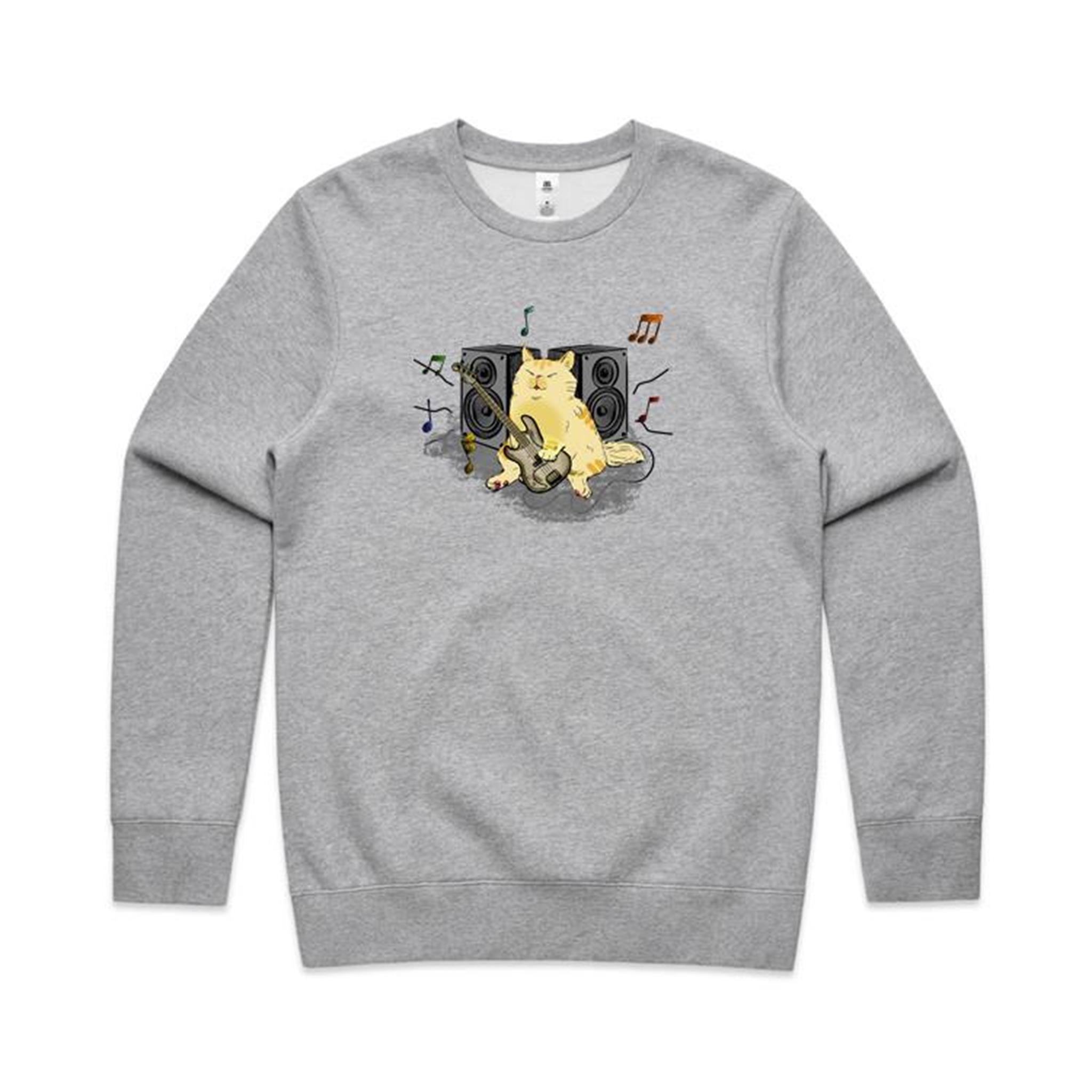Cat Bass Player - AS Colour Stencil Crew Grey Marle Sweatshirt animal Music Printed In Australia