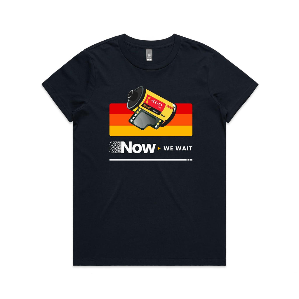 Camera Film, Now We Wait Women's AS Colour T-shirt Navy Womens T-shirt Printed In Australia Retro