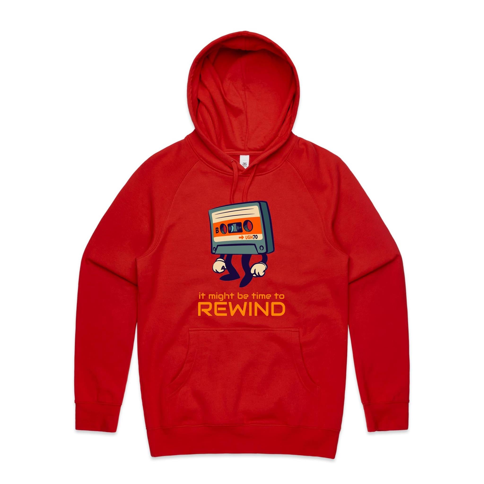 Cassette Tape, It Might Be Time To Rewind - Mens Hoodie Red Mens Hoodie Music Printed In Australia Retro