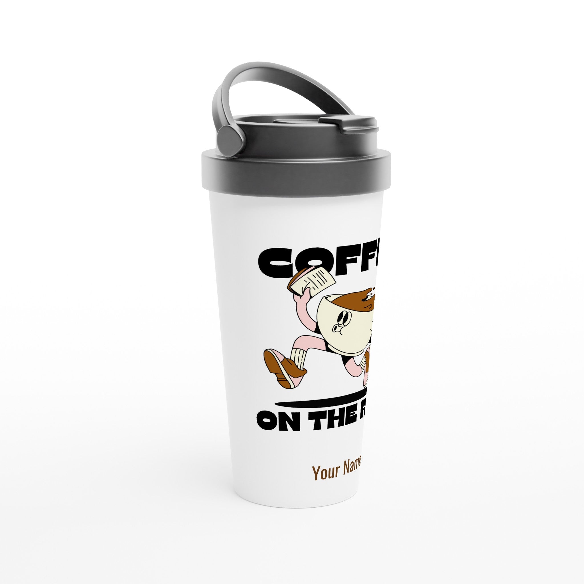 Personalised - Coffee On The Run - White 15oz Stainless Steel Travel Mug Personalised Travel Mug Coffee customise Globally Fulfilled personalise
