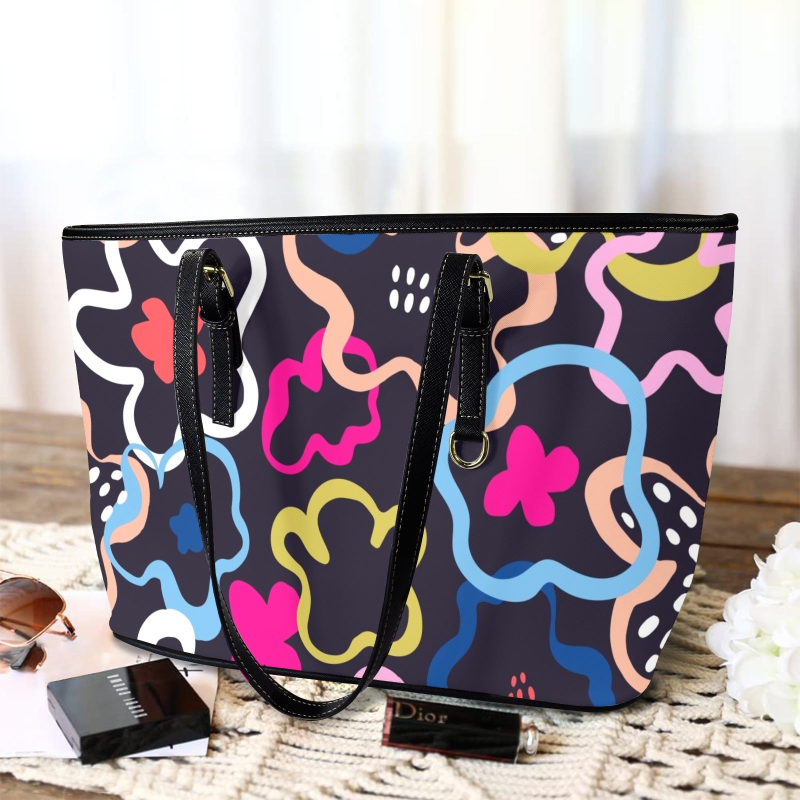 Floral In The Abstract - PU Leather Tote Bag - Large
