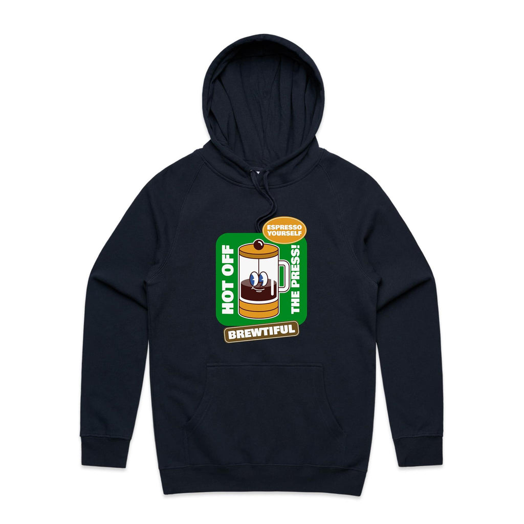 Brewtiful, Coffee Press - Mens Hoodie Navy Mens Hoodie Coffee Printed In Australia