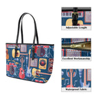 Music Instruments Blue - Leather Tote Bag-Large
