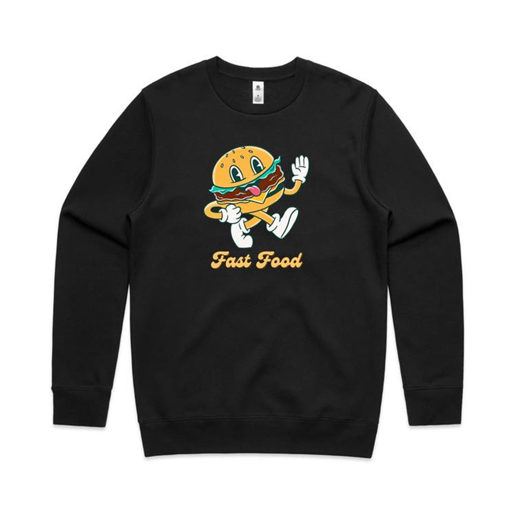 Fast Food, Hamburger - AS Colour Stencil Crew Sweatshirt Black Sweatshirt Food Printed In Australia