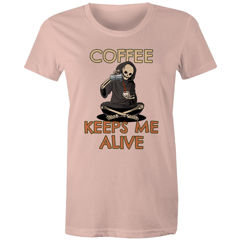 Coffee Keeps Me Alive, Skeleton - Womens T-shirt Pale Pink Womens T-shirt Coffee Printed In Australia