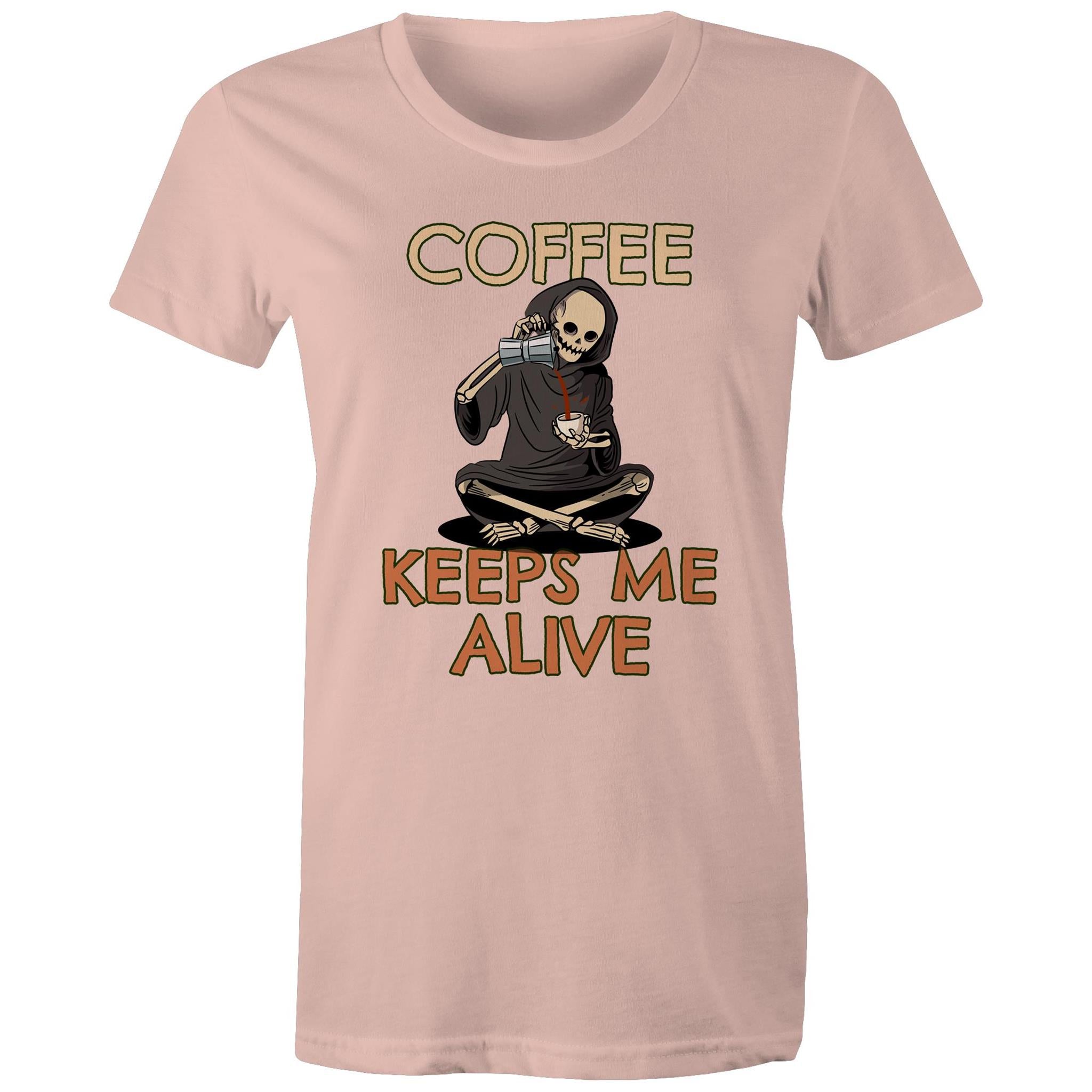 Coffee Keeps Me Alive, Skeleton - Womens T-shirt Pale Pink Womens T-shirt Coffee Printed In Australia