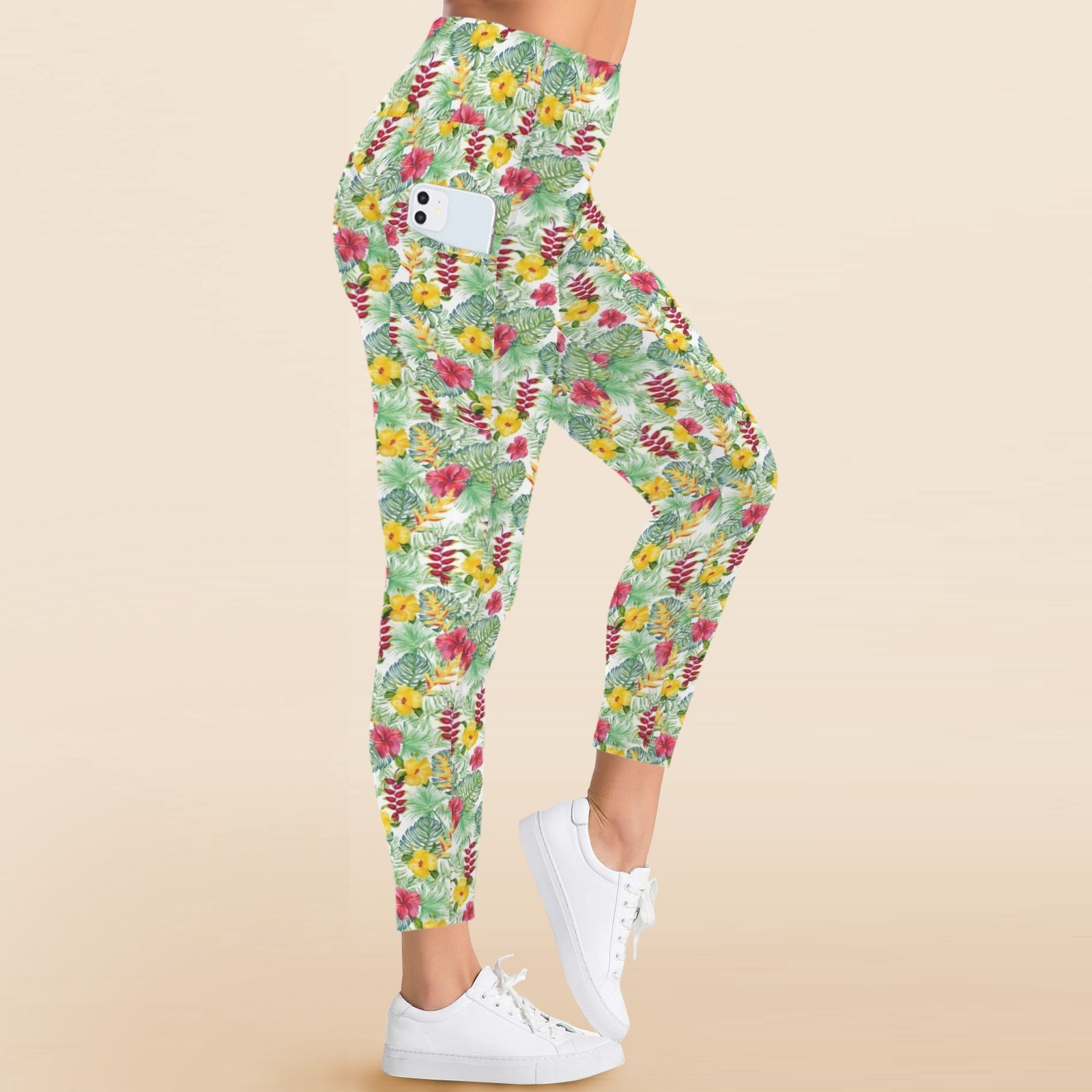 Tropical Flowers On White Women's High Waist Pockets Yoga Leggings Women's High Waist Pockets Yoga Leggings Plants Printed Offshore