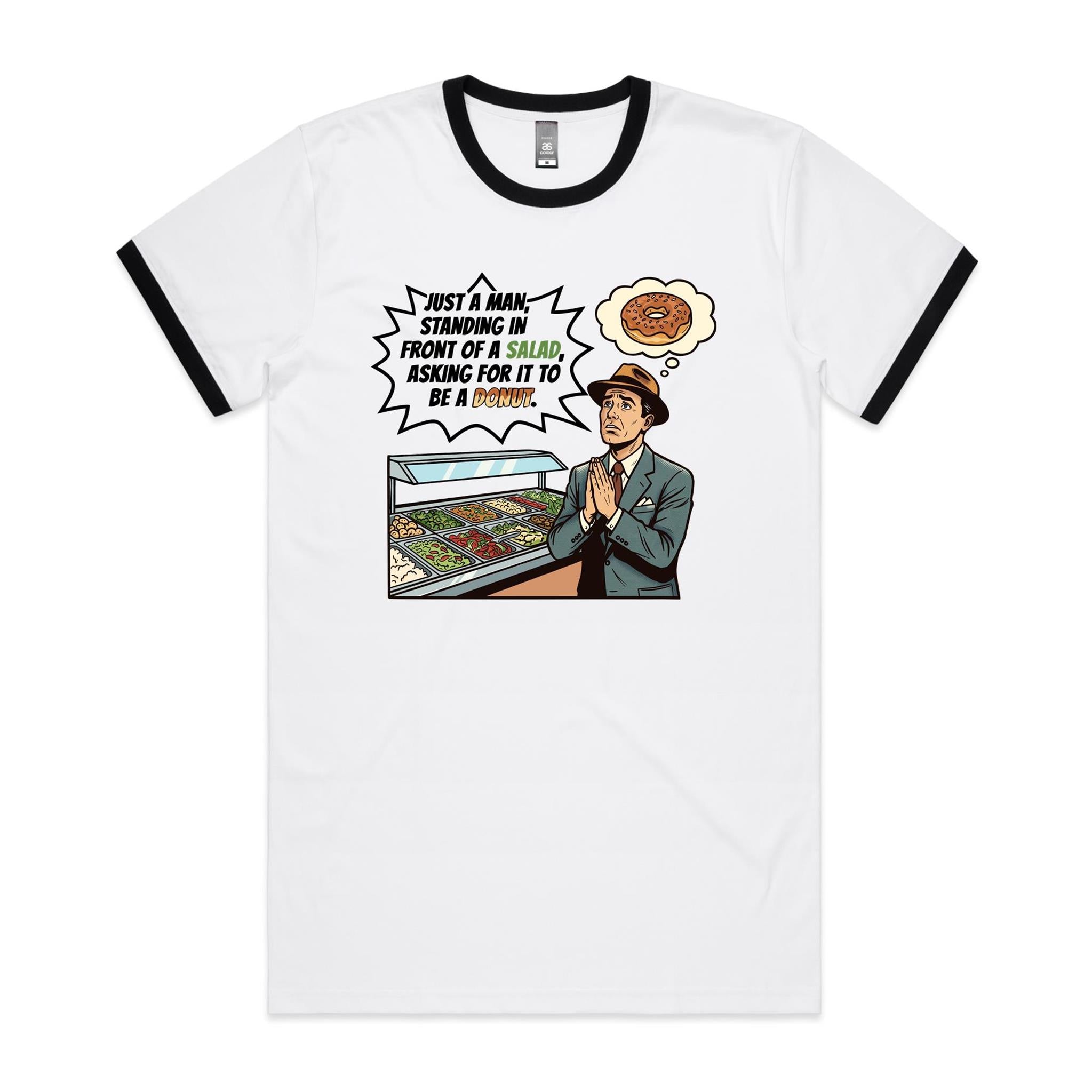 Just A Man Standing In Front Of A Salad Men's AS Colour Ringer Tee White Black Ringer T-Shirt Food Printed In Australia