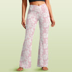 Pink Hawaiian Floral High Waist Crossover Tummy Control Flare Leggings 5XL High Waist Flare Leggings Plants Printed Offshore
