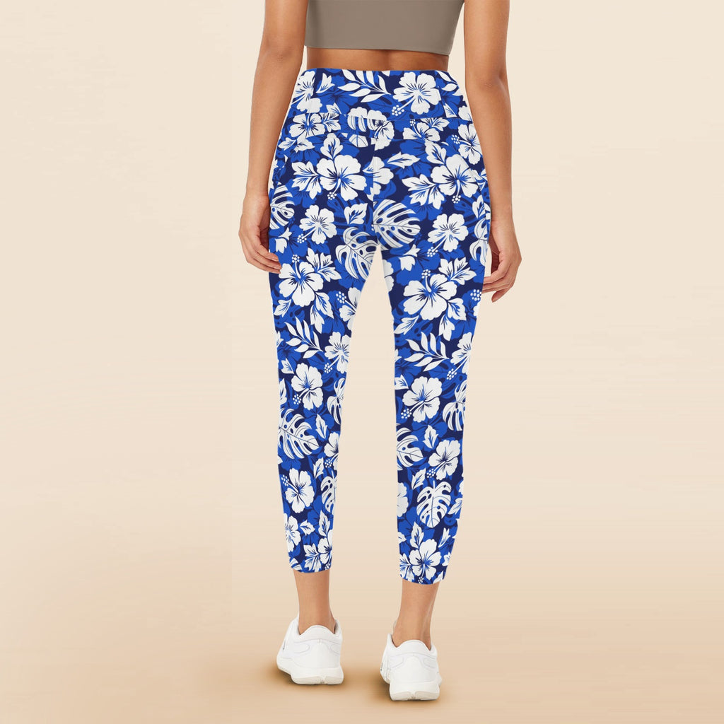 Blue Hawaiian Floral - Women's High Waist Pockets Yoga Leggings