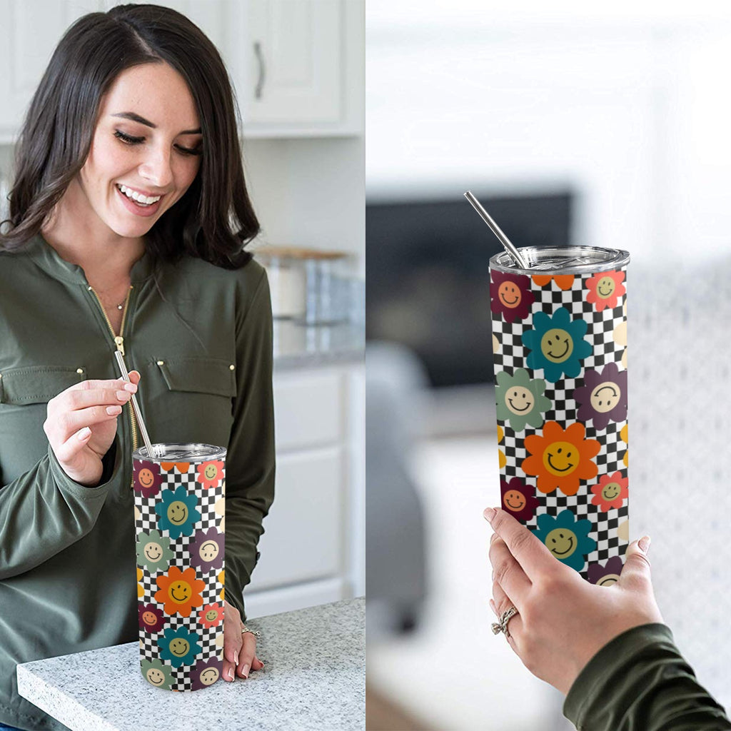 Happy Retro Flowers - 20oz Tall Skinny Tumbler with Lid and Straw