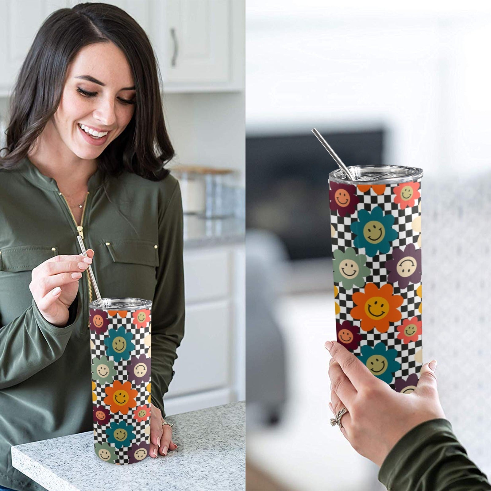 Happy Retro Flowers - 20oz Tall Skinny Tumbler with Lid and Straw