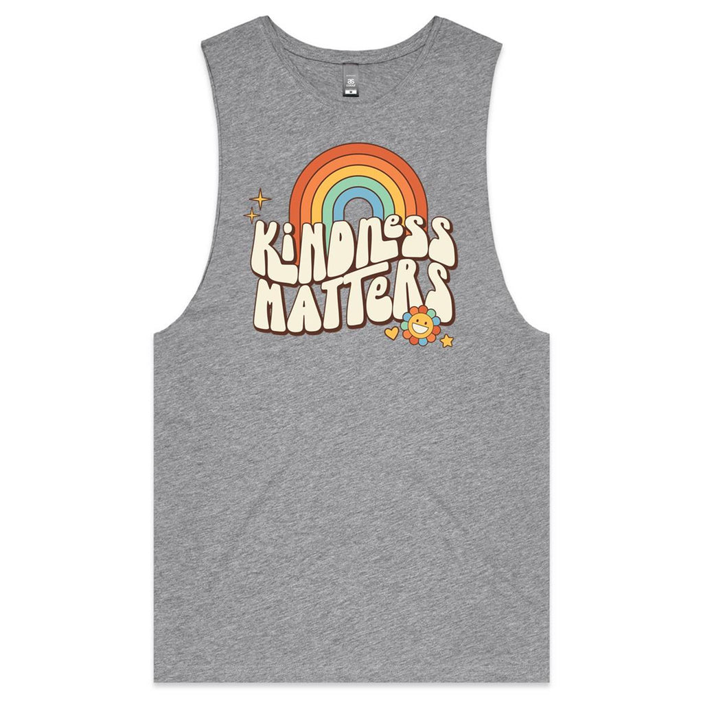 Kindness Matters - Mens Tank Top Tee Grey Marle Drop Arm Tank Top Kindness Printed In Australia