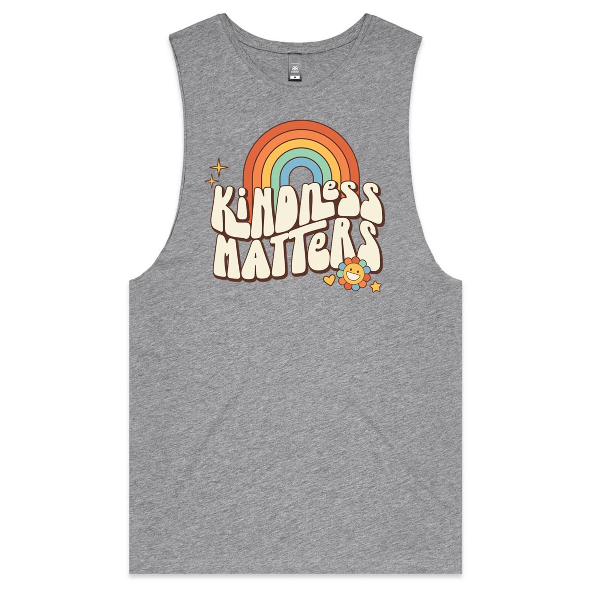Kindness Matters - Mens Tank Top Tee Grey Marle Drop Arm Tank Top Kindness Printed In Australia