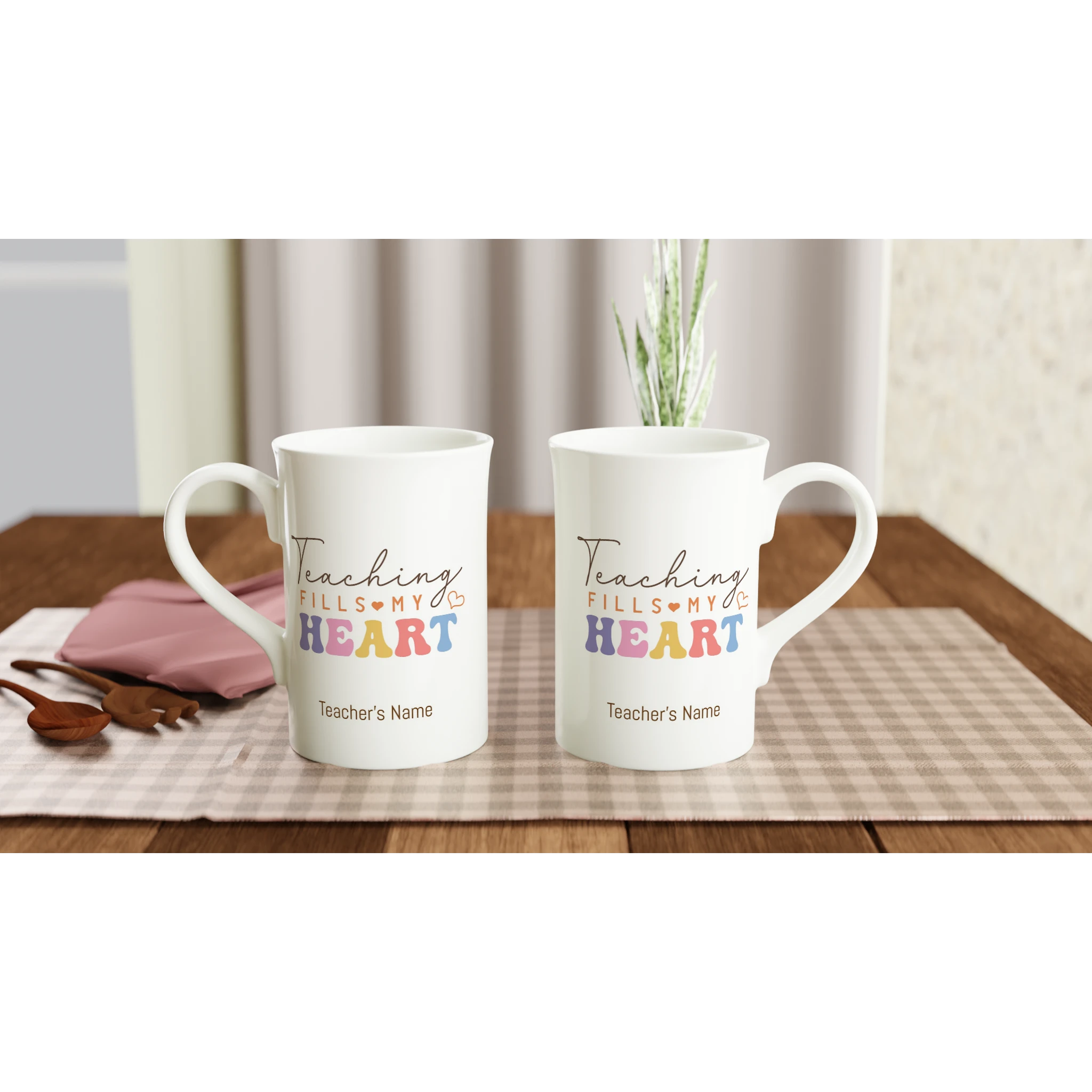Personalise - Teaching Fills My Heart - White 10oz Porcelain Slim Mug Personalised Porcelain Mug