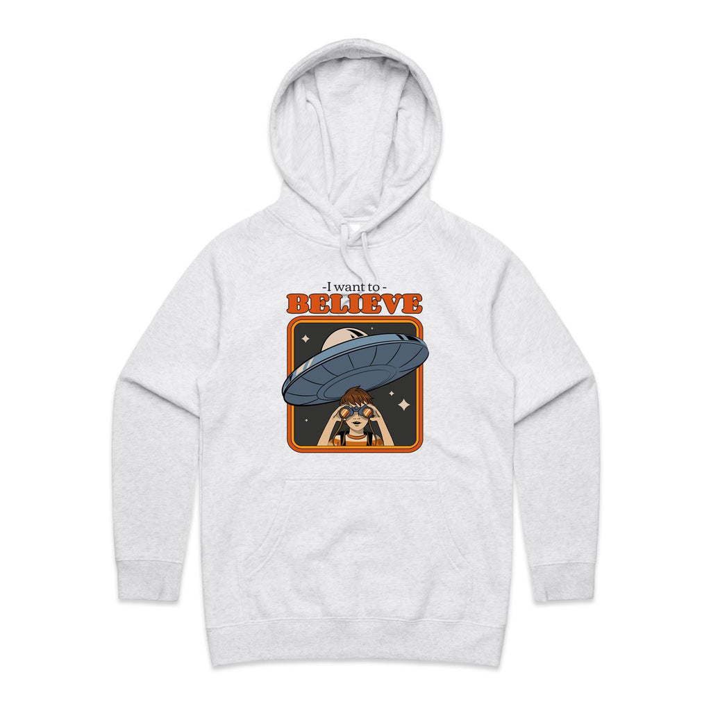 I Want To Believe, UFO - Womens Hoodie White Marle Womens Hoodie Printed In Australia Sci Fi