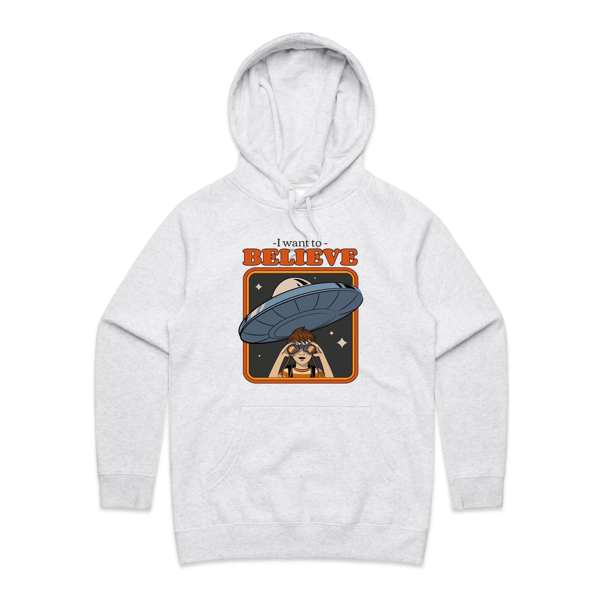 I Want To Believe, UFO - Womens Hoodie White Marle Womens Hoodie Printed In Australia Sci Fi