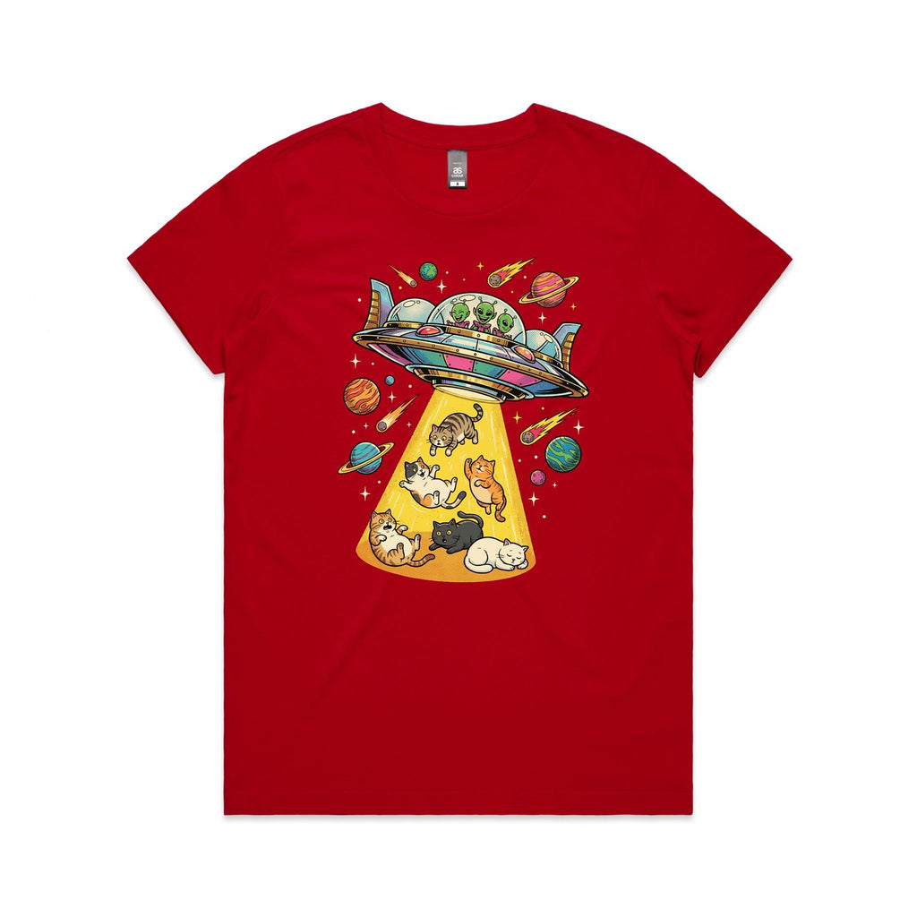 UFO Cat Abduction Women's AS Colour T-shirt Red Womens T-shirt animal Printed In Australia Sci Fi