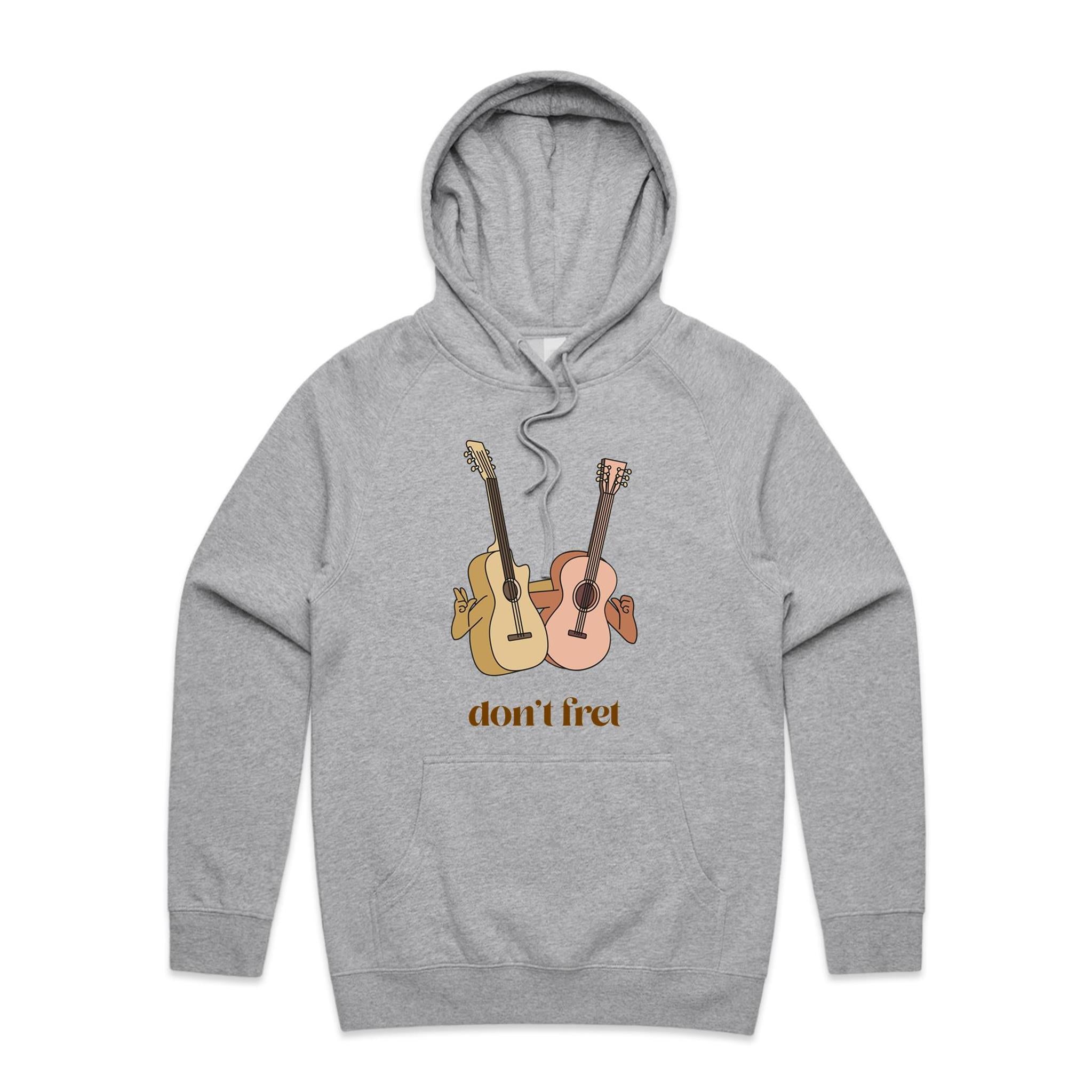 Guitars, Don't Fret - Mens Hoodie Grey Marle Mens Hoodie Music Printed In Australia