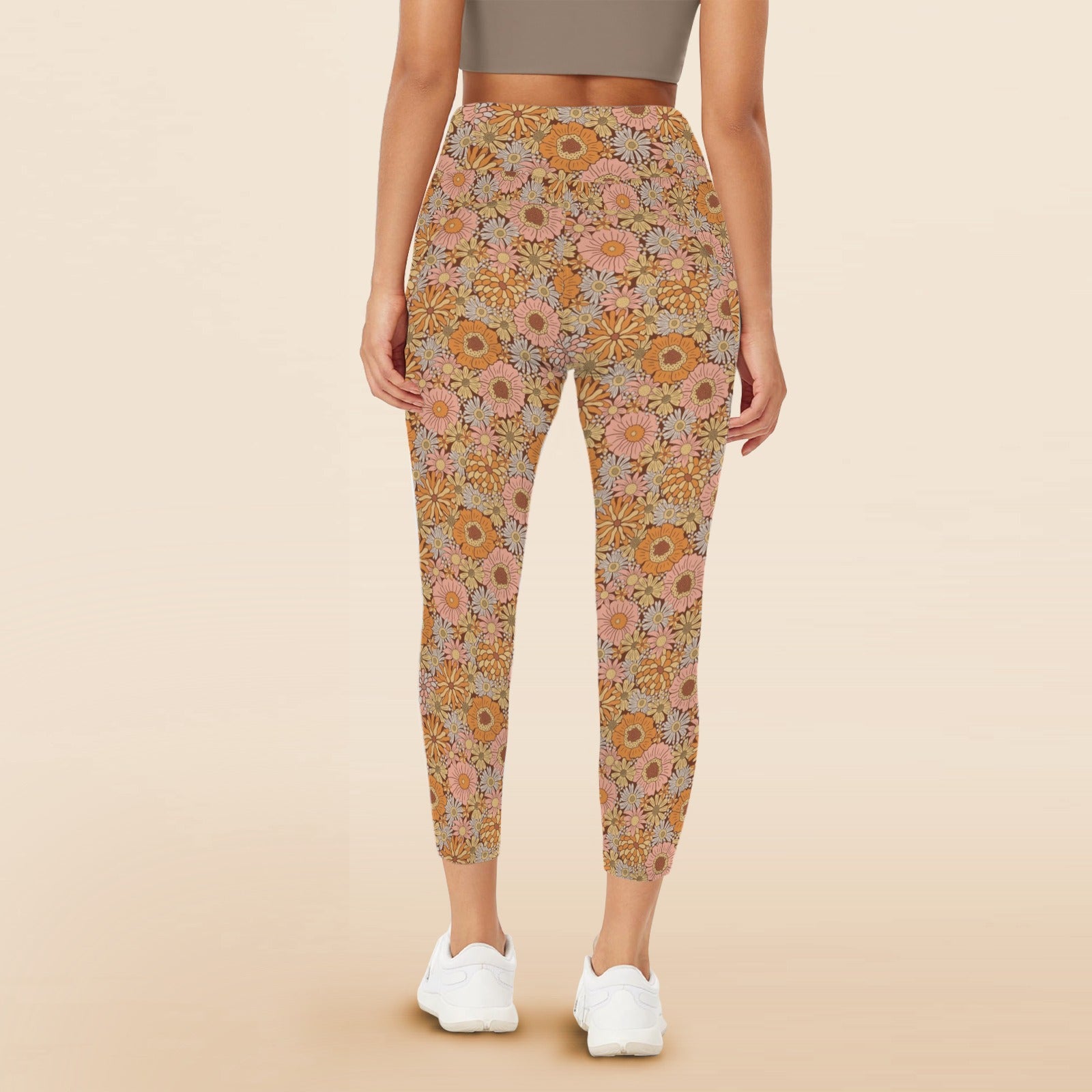 Orange Retro Floral Women's High Waist Pockets Yoga Leggings