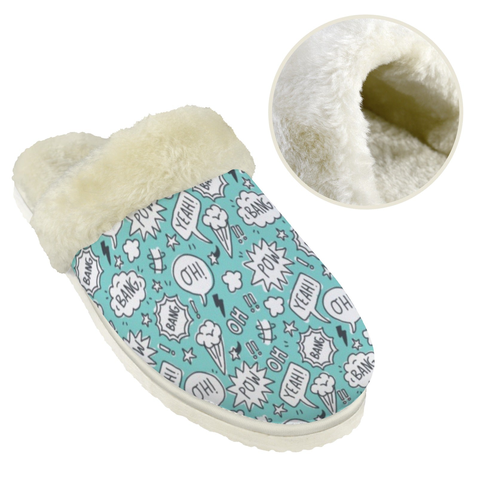 Comic Book Speech Bubbles Women's Fur Trim Thick-Sole Indoor Slippers Women's Fur Trimmed Slippers comic Printed Offshore