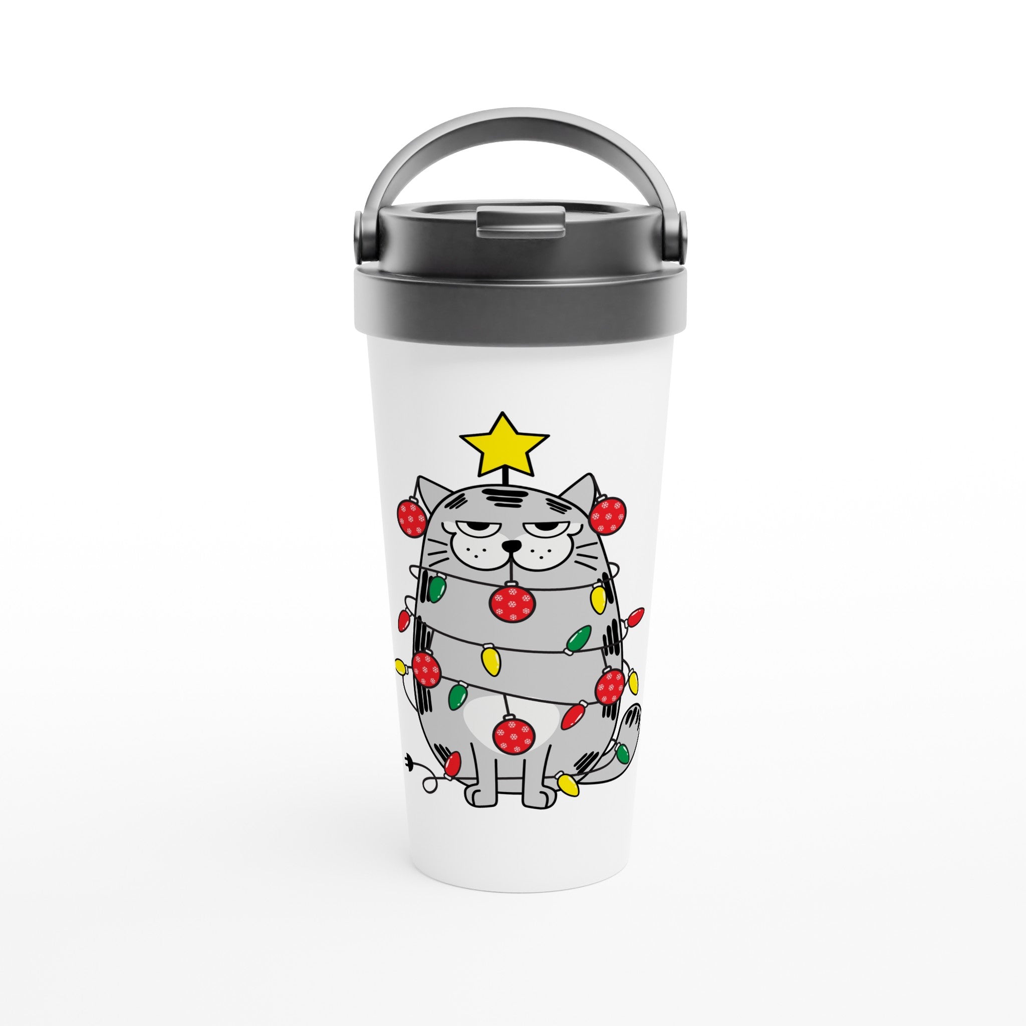 Christmas Cat - White 15oz Stainless Steel Travel Mug Default Title Christmas Travel Mug Christmas Globally Fulfilled