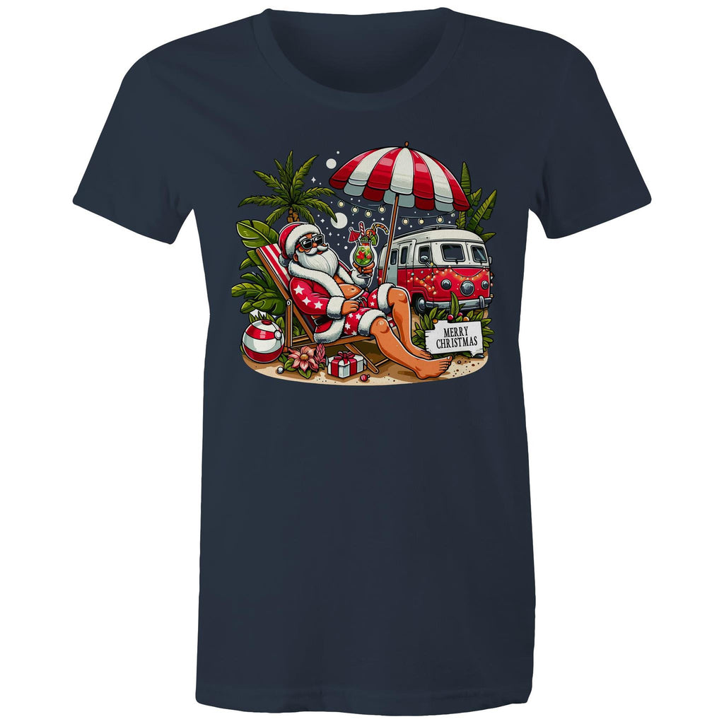 Santa By The Beach - Womens T-shirt Navy Womens Christmas T-shirt Christmas Printed In Australia