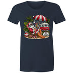 Santa By The Beach - Womens T-shirt Navy Womens Christmas T-shirt Christmas Printed In Australia