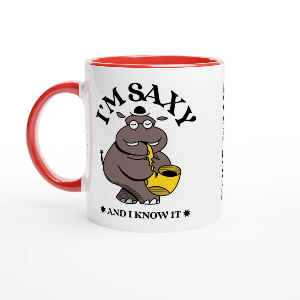 Personalised - I'm Saxy And I Know It, Saxophone Hippo - White 11oz Ceramic Mug with Colour Inside Ceramic Red Personalised 11oz Mug animal customise Globally Fulfilled Music personalise
