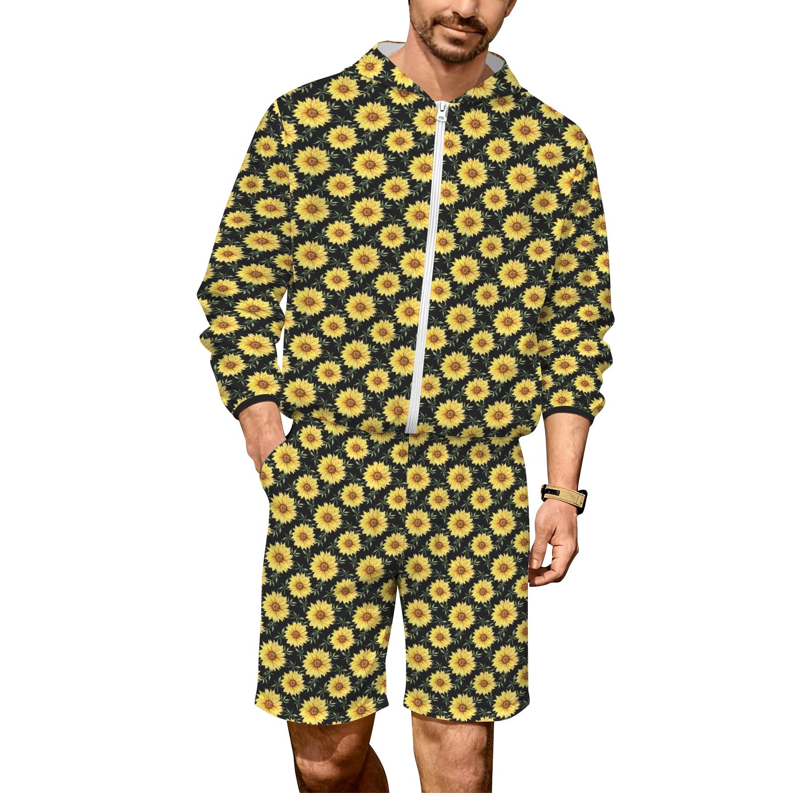 Painted Sunflower Men's Lightweight Sun Hoodie & Shorts Set 4XL Men's Lightweight Sun Hoodie & Shorts Plants Printed Offshore