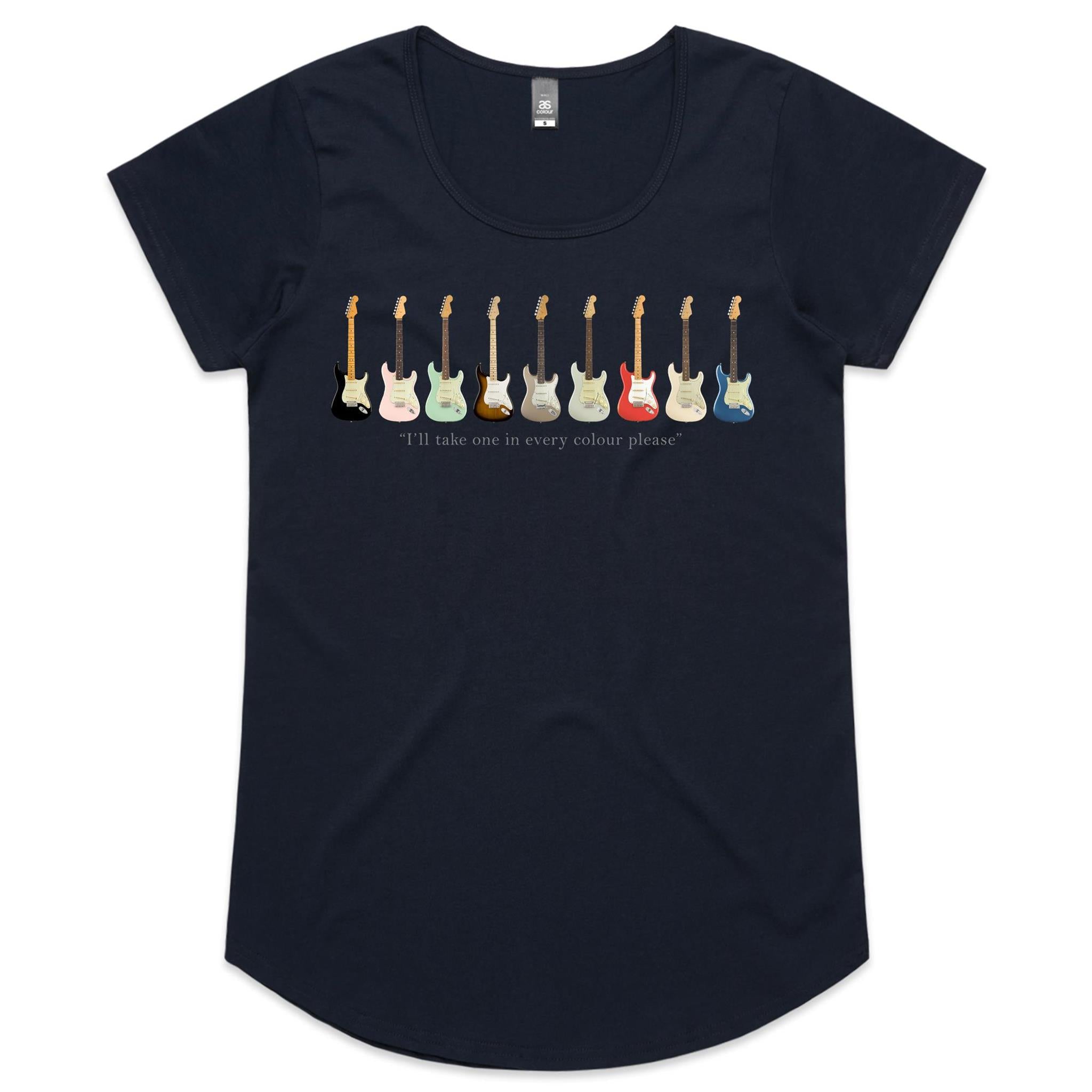 Guitars In Every Colour - Womens Scoop Neck T-Shirt Navy Womens Scoop Neck T-shirt Music Printed In Australia