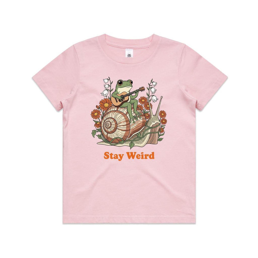 Stay Weird, Guitar Playing Frog On A Snail Kid's AS Colour T-shirt Pink Kids Youth T-shirt animal Music Printed In Australia