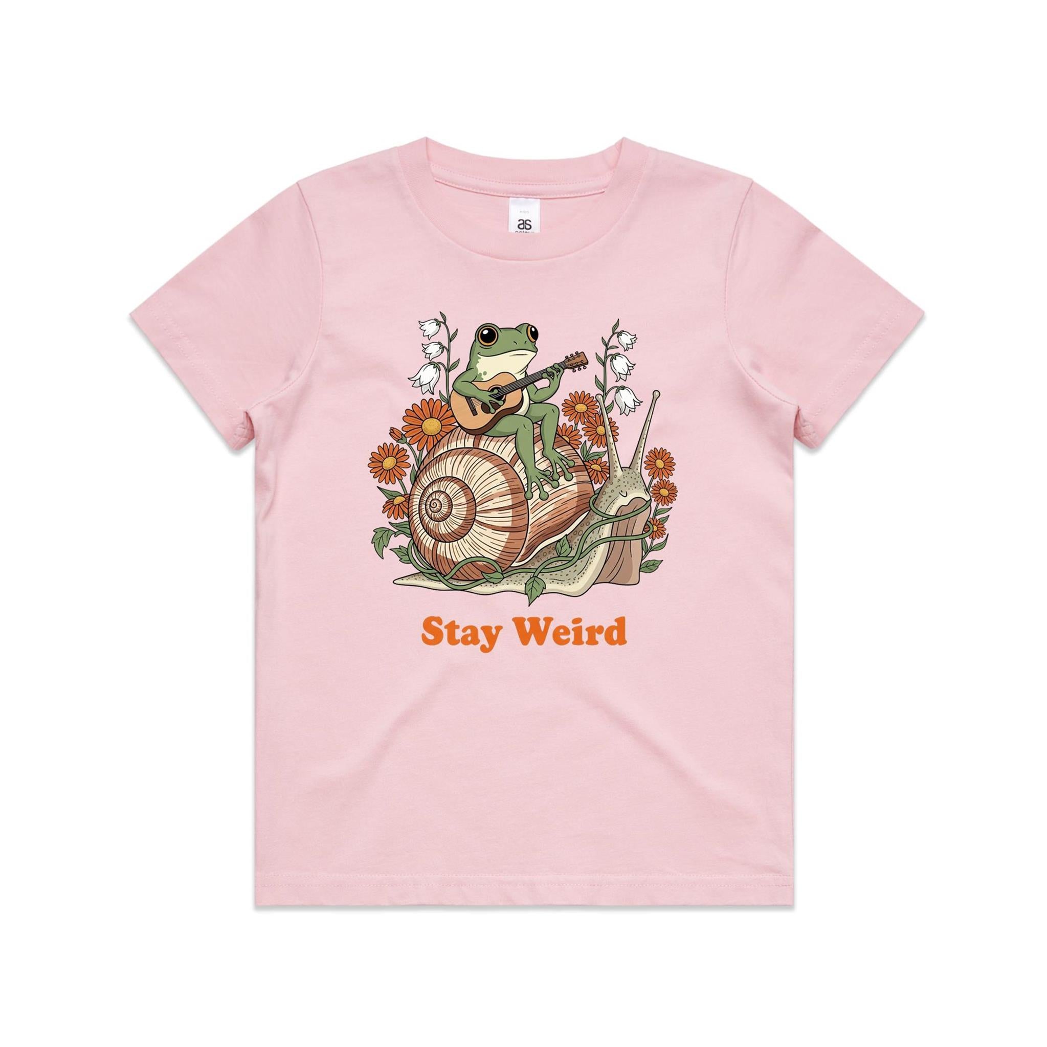 Stay Weird, Guitar Playing Frog On A Snail Kid's AS Colour T-shirt Pink Kids Youth T-shirt animal Music Printed In Australia