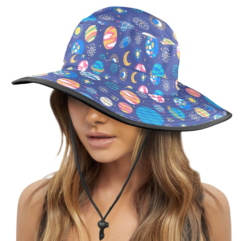 Planets On Blue Wide Brim Bucket Hat Wide Brim Bucket Hat Printed Offshore Space