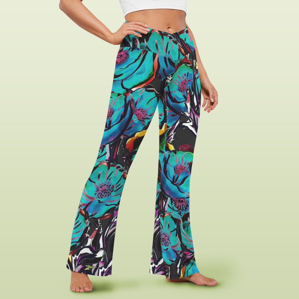 Flower It Blue High Waist Crossover Tummy Control Flare Leggings High Waist Flare Leggings Plants Printed Offshore