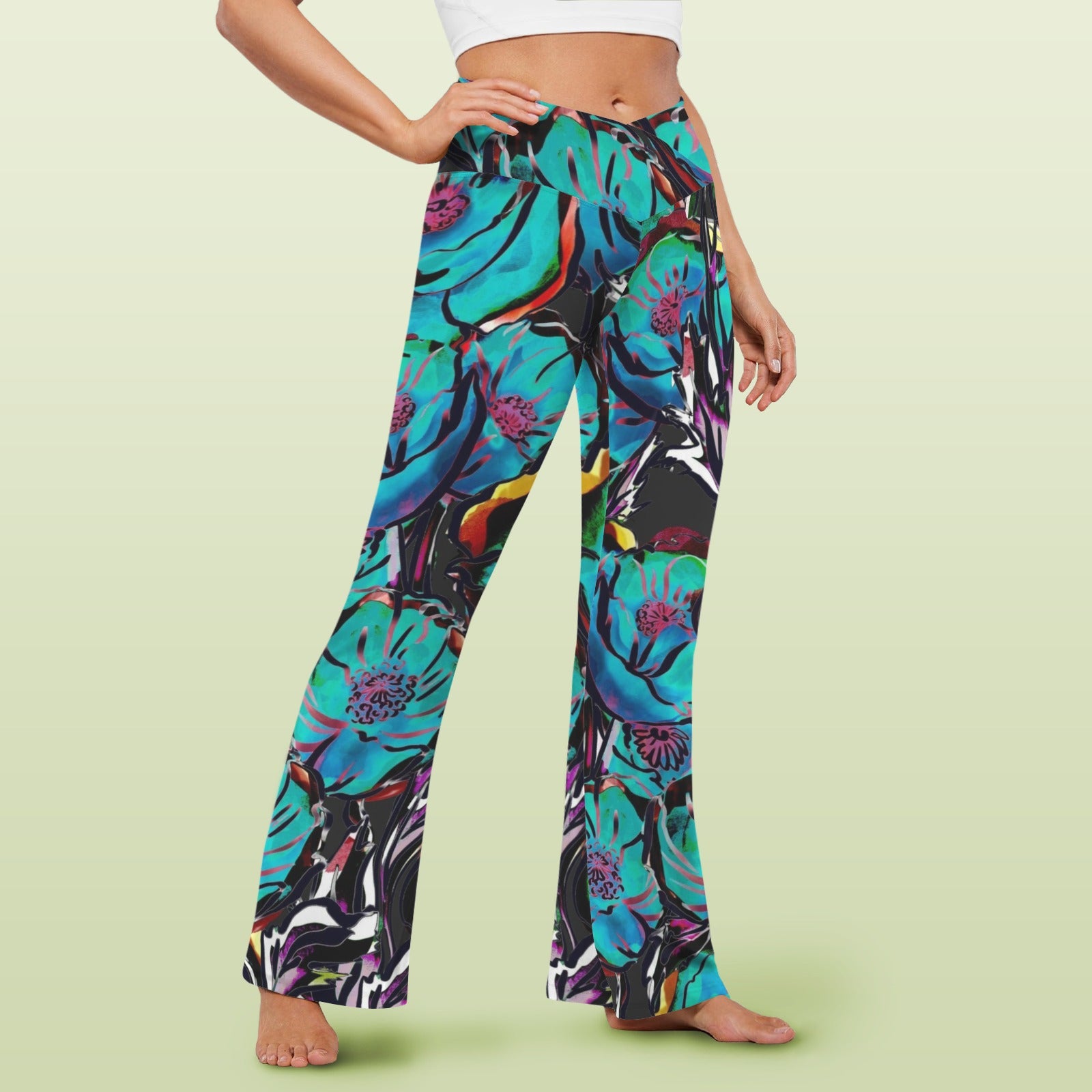 Flower It Blue High Waist Crossover Tummy Control Flare Leggings High Waist Flare Leggings Plants Printed Offshore