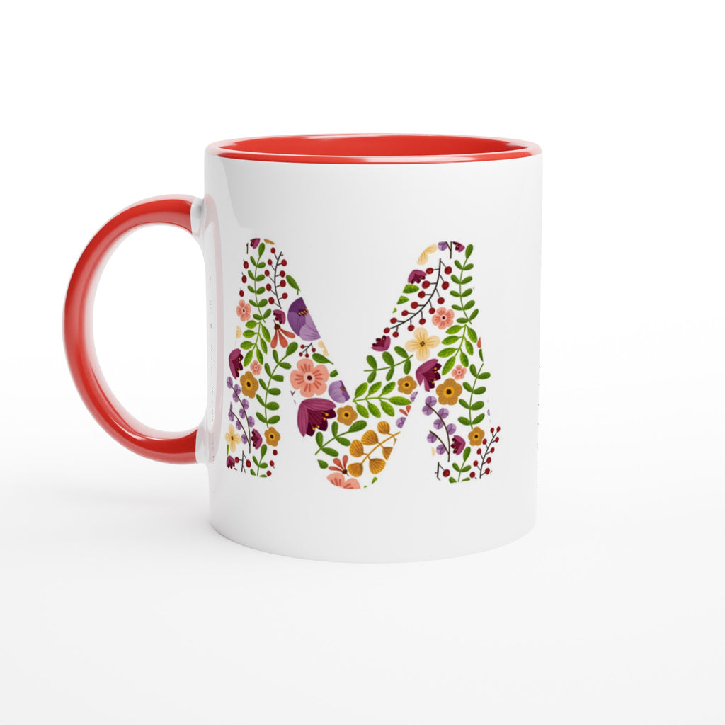 Personalised - Floral Initial - White 11oz Ceramic Mug with Color Inside Ceramic Red Personalised 11oz Mug Customise Globally Fulfilled Name Personalise