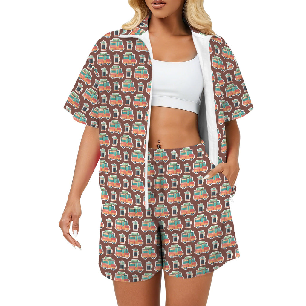 Coffee Van Women's Windbreaker Short Set 2XL Women's Windbreaker Short Set Coffee Printed Offshore