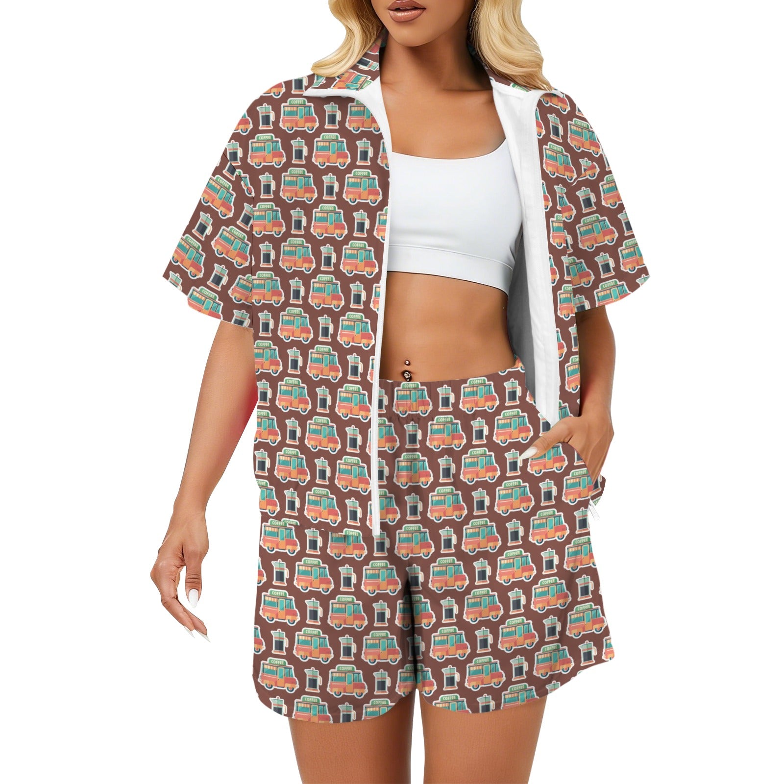 Coffee Van Women's Windbreaker Short Set 2XL Women's Windbreaker Short Set Coffee Printed Offshore